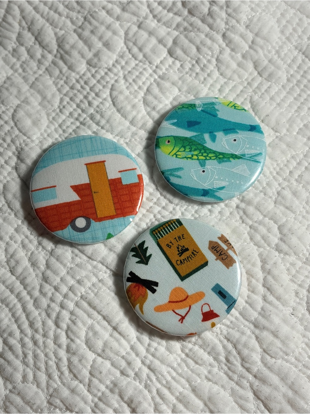 Lot of 3 Fishing Camping 2.25” Pin Button Cute Gift Boyfriend Handmade